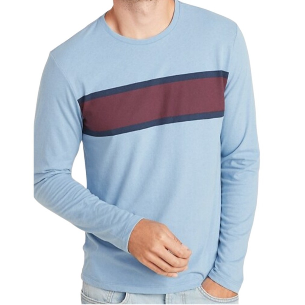 Old Navy Tee Man XXL Blue Colorblock Soft-Washed‎ Chest-Stripe Long Sleeves